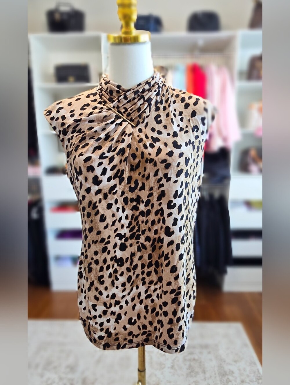 Calvin Klein  Sleeveless Leopard Print Mock-Neck Top - Beige/Black Size S